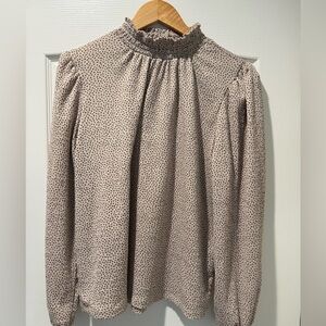 LOFT Beige Dot Smocked Neck Long Sleeve Blouse